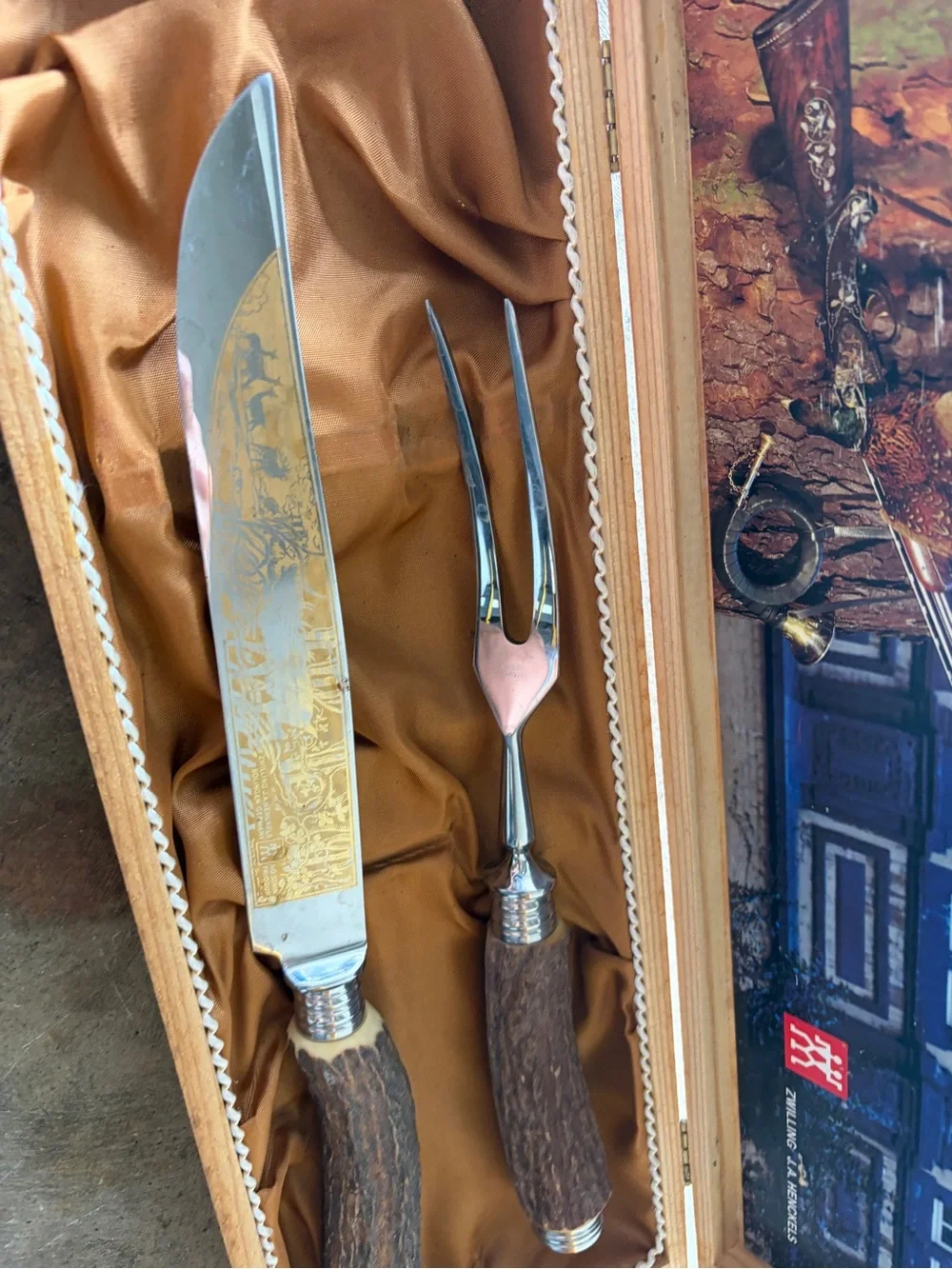 Vintage Zwilling J.A. Henckels Gold Etched Stag Handle Carving Set with Wood Box